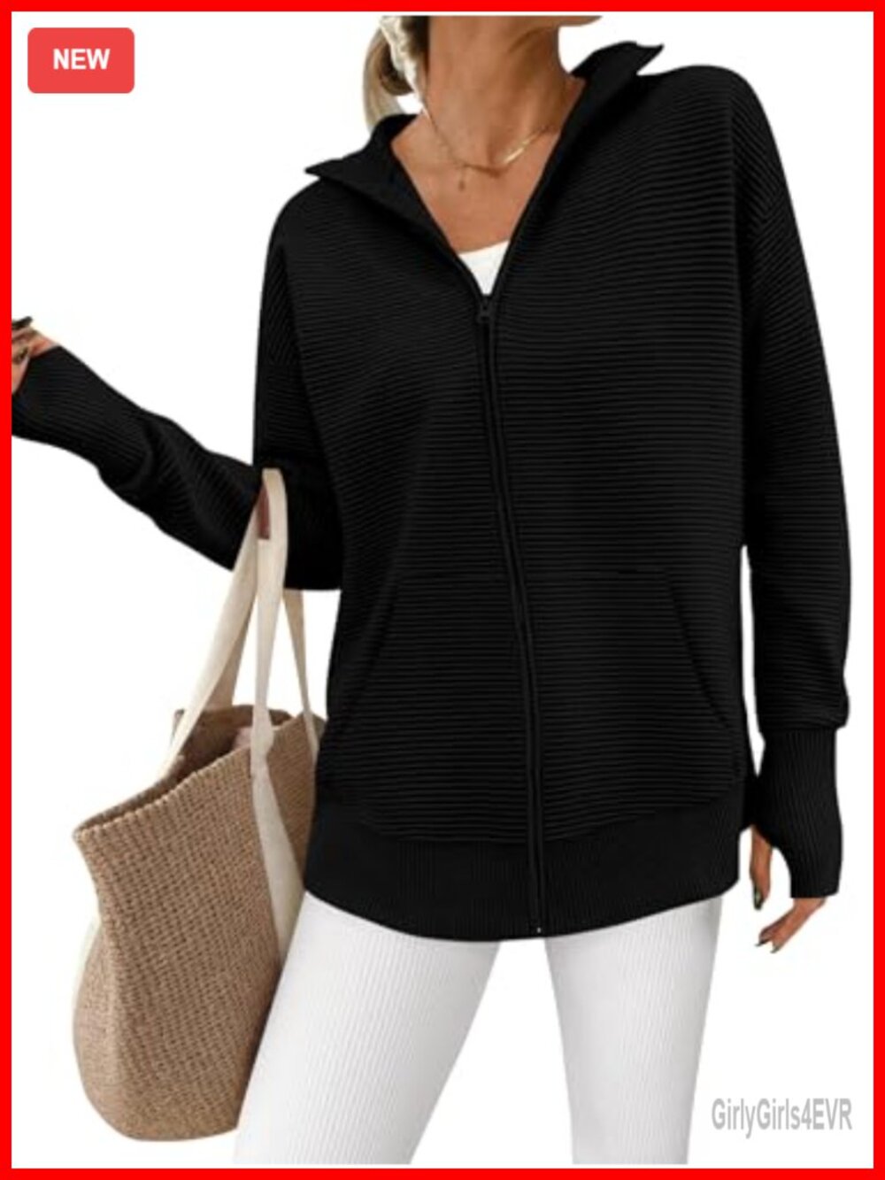 Womens Long Sleeve Zip Up Ribbed Cardigan Sweater with Thumb Holes